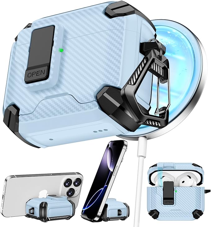 Compatible with AirPods 4 Case,Magnetic Automatic Lock with Phone Stand & Cleaning Kit,Compatible with Magsafe,Carbon Fiber Texture Cover -Light Blue