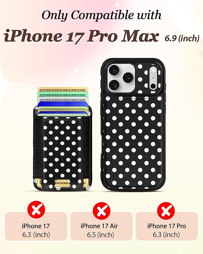 Shorogyt for iPhone 17 Pro Max Case Wallet - Fits 5 Cards, Compatible with Magsafe Detachable Magnetic Credit Card Holder Leather Cardholder Cute Phone Cover Women Girl for Apple 17 ProMax, Polka Dots