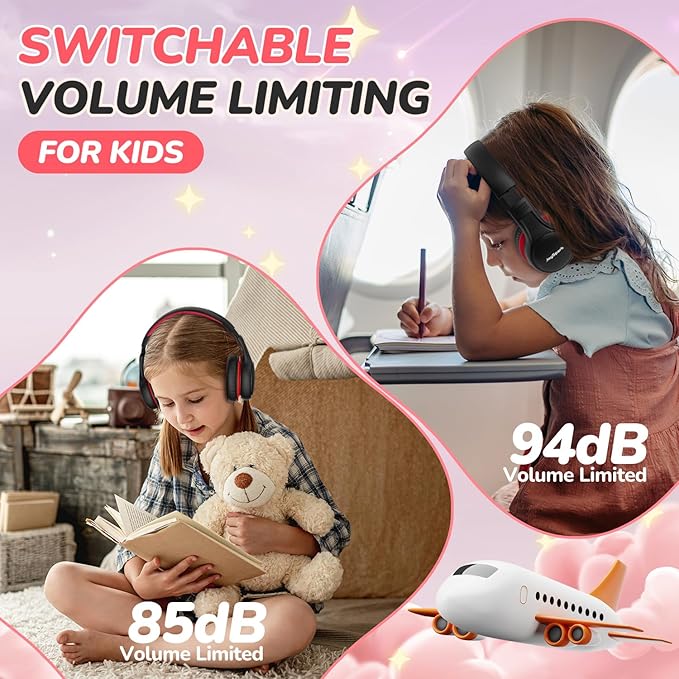Kids Bluetooth Headphones, 60 Hours Playtime, Bluetooth 5.4 Kids Headphones Wireless, Type-C Fast Charging, 85/94dB Volume Limited, Foldable Toddler Wireless Headsets with Mic-Black Red