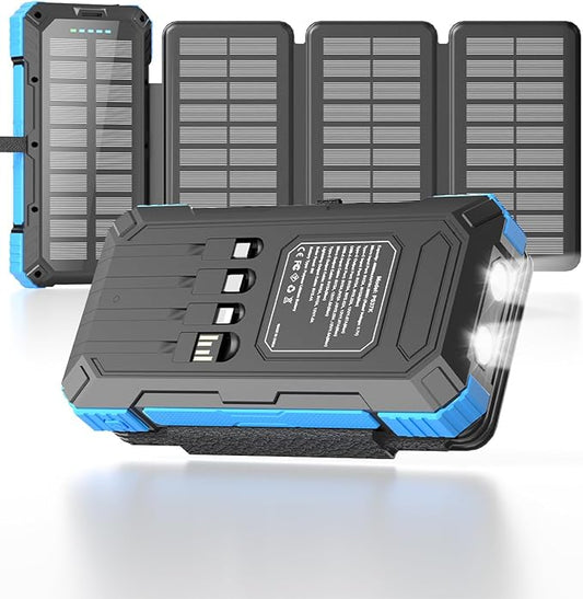 Solar Charger Power Bank 49800mAh with 4 Built-in Cables & 3 Foldable Panels, PD22.5W Fast Portable Phone Charger, External Battery Pack with USB-C in/Output & Flashlight for Outdoor Camping