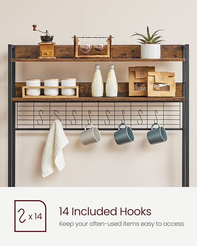 VASAGLE Bakers Rack with Power Outlet, Microwave Stand, Kitchen Tall Utility Storage Shelf, with Metal Wire Panel, 14 Hooks, 15.7 x 39.4 x 66.9 Inches, Rustic Brown and Ink Black UKKS038B01