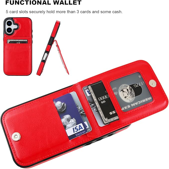 KIHUWEY Compatible with iPhone 17 Case Wallet with Credit Card Holder, Flip Premium Leather Magnetic Clasp Kickstand Heavy Duty Protective Cover for iPhone 17 6.3 Inch (Red)