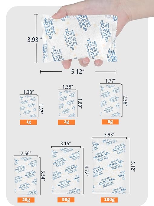 5 Gram (150 Pack) Color-Indicating Silica Gel Packets, Premium Food Grade Desiccant - Rechargeable Moisture Absorbers for Food Storage, Electronics, 3D Filament & Safes