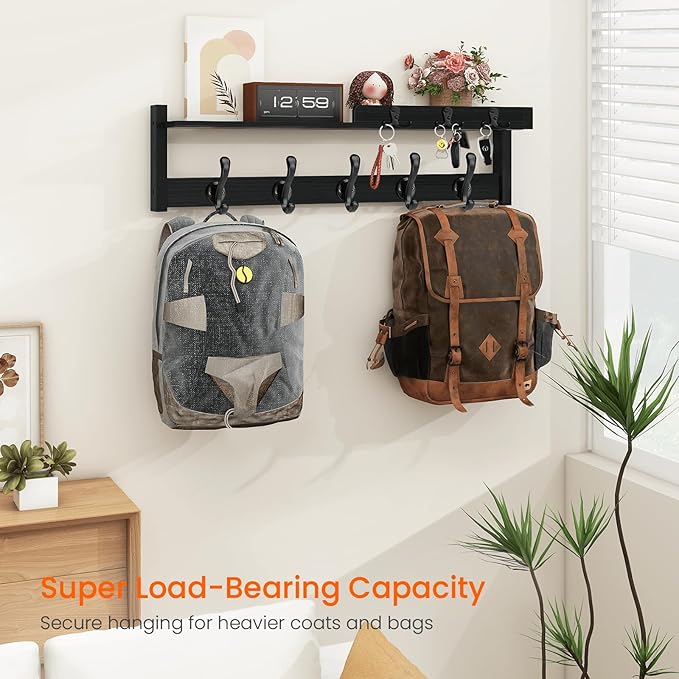 Homode Coat Rack with Shelf, 29 Inch Long Wooden Coat Hanger Wall Mount with Key Rack and Mail Holder, Entryway Wall Hooks with Shelf for Bathroom Living Room Bedroom Hallway Kitchen, Black