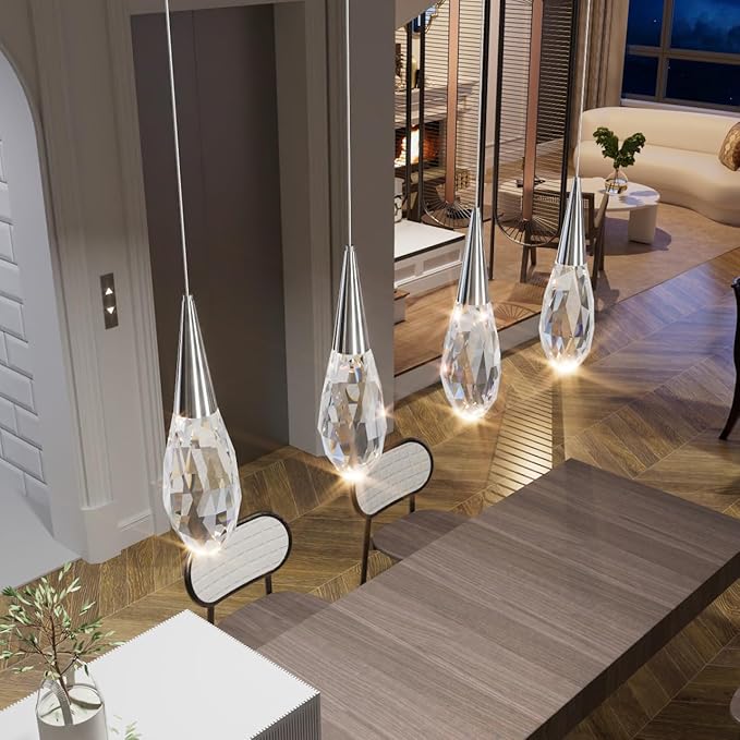 4-Lights Rectangular Pendant Lights for Kitchen Island Crystal Rectangular Chandelier for Dining Room Silver Linear Chandeliers for Living Room Hallway Bedroom