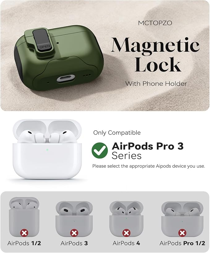 Compatible with AirPods Pro 3 2025 Case with Phone Stand & Cleaning Kit,Magnetic Automatic Lock Design Cover for Air pods Pro 3rd- (Dark Green)