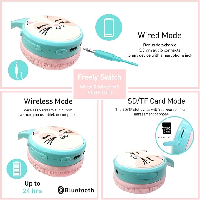 Cat Ear Kids Headphones, Bluetooth Wireless Headphones for Kids, 85dBA Volume Limited, FunShare, Girls Toddlers Children Headset for School/Learning/iPad/Travel