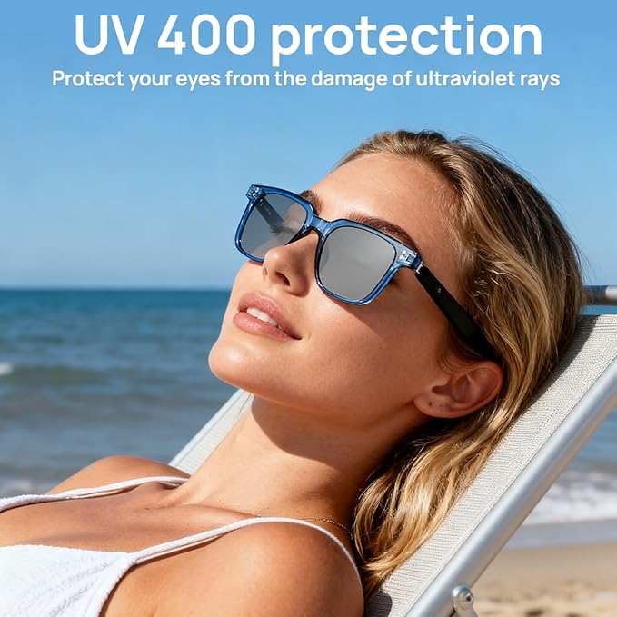 Smart Bluetooth Glasses, Sunglasses with UV and Blue Light Protection, AI Real-time Translation with 140 Languages, Touch Control, Music & Call for Athletic/Outdoor, Unisex (Blue)