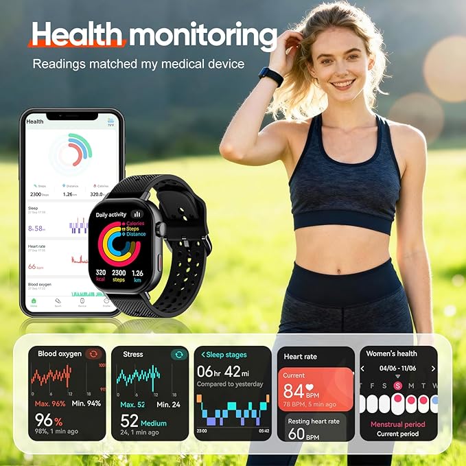 Smart Watch with 2 Bands: Step & Calorie Counter, Heart Rate & Oxygen Sensor, GPS Running, Swimming, Walking, Sports Tracker, Waterproof, Health Monitoring, Music & Call Alert Men Women iOS/Android
