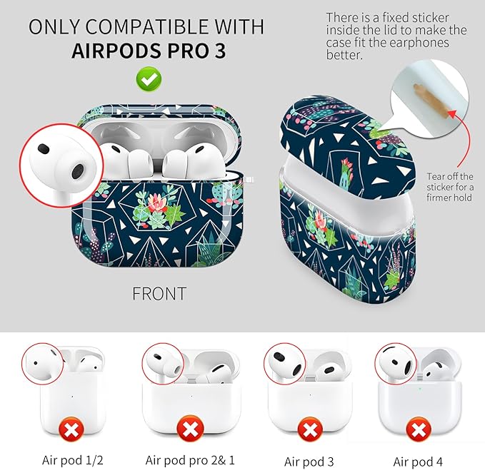 Cute Hard Case Compatible with AirPods Pro 3rd Generation Case (2025), Shockproof Protective Cover with Golden Keychain Ring Clip (Cute Succulents and Cactuses)