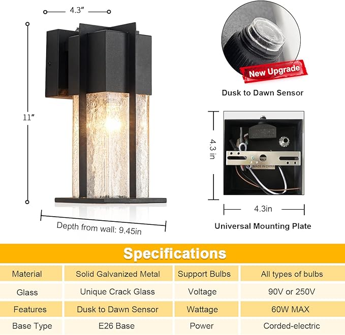 Dusk to Dawn Wall Light, Modern Outdoor Wall Lighting with Crackle Glass, Exterior Wall Mount Light Fixture with Sensor, Outdoor Lights for House, Garage, Front Door Light, Black