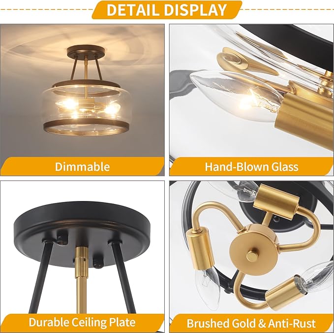 11.81" Black and Brushed Gold Close to Ceiling Light, 3-Light Modern Drum Light Fixtures, Hallway Ceiling Lights, Glass Ceiling Lamp for Entryway Bedroom Laundry Kitchen Dining Room Lighting UL-Listed