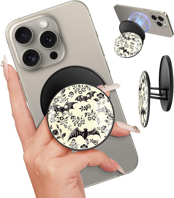 Kidcube Magnetic Phone Grip Compatible with Magsafe - Cell Phone Grip Stand Magnetic Ring Holder Finger Kickstand for iPhone 17 16 15 14 13 12 Series Magnet Removable Accessories Cute Bat Flower