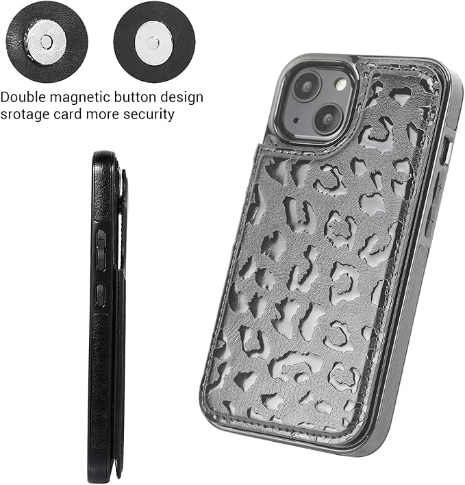 uCOLOR Compatible with iPhone 14/15 Plus 6.7" Wallet Case with Card Holder Slots Folio Flip PU Leather Kickstand Magnetic Clasp and RFID Blocking Cover (Black Leopard)