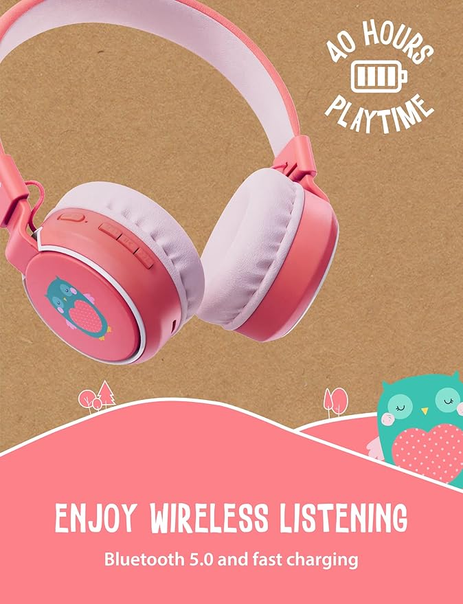 Planet Buddies Kids Headphones, Foldable Wireless On Ear Bluetooth Headphones for Kids with Microphone, 85dB Volume Limiter, Cute Owl Kids Earphones for Tablets and Phones, Travel, School & Music
