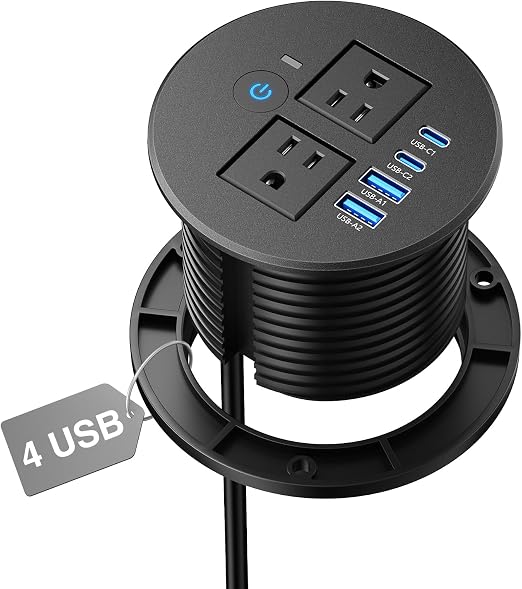 Desk Power Grommet Outlets 2 USB C 20W, 2 USB-A, Overload Switch, 3-1/8"