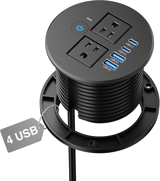 Desk Power Grommet Outlets 2 USB C 20W, 2 USB-A, Overload Switch, 3-1/8"