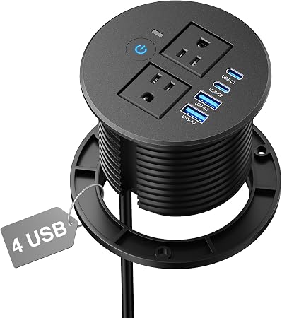 Desk Power Grommet Outlets 2 USB C 20W, 2 USB-A, Overload Switch, 3-1/8"