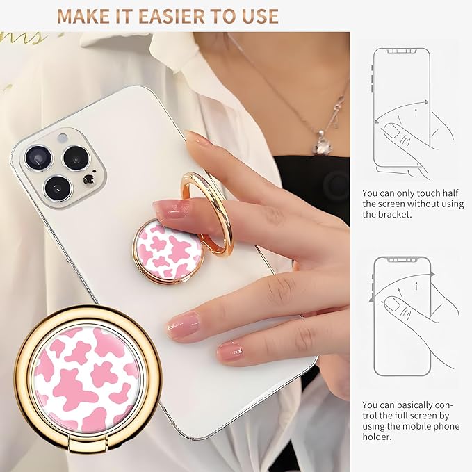Cell Phone Ring Holder, Cute Metal Phone Grip Stand Finger Ring Kickstand, Flexible 360°Rotation Phone Tablet Case Accessories Compatible with Most Phones Cute Pink Cowhide