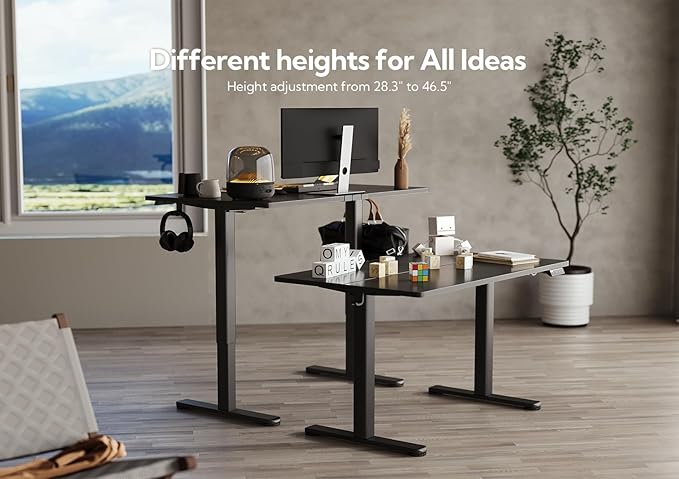 Claiks Electric Standing Desk, Adjustable Height Stand up Desk, 48x24 Inches Sit Stand Home Office Desk with Splice Board, Black Frame/Black Top