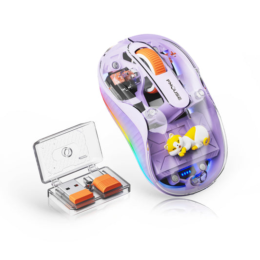 FMOUSE Cute Transparent Mouse, Tri-Mode Wireless, Rechargeable, Purple
