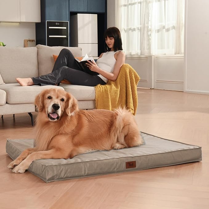 Outdoor Extra Large Dog Bed, Jumbo Waterproof Dog Bed for Large Dogs, Orthopedic Egg Crate Foam Pet Mat with Removable Oxford Cooling Cover, Khaki
