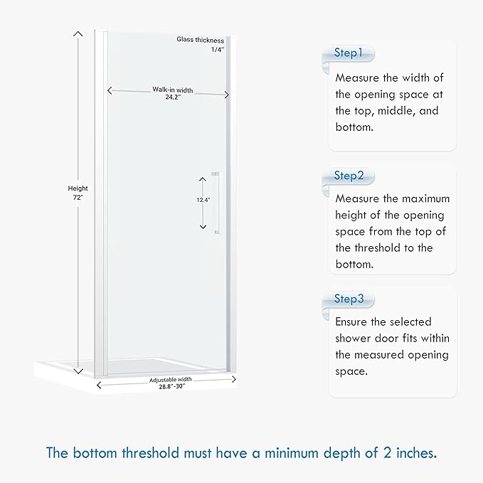 Frameless Pivot Shower Door 28.8-30" W X 72" H, 1/4" (6mm) Clear SGCC Tempered Glass, Hinged Pivot Swing Shower Door, Reversible Installation, Easy to Clean, Brushed Nickel