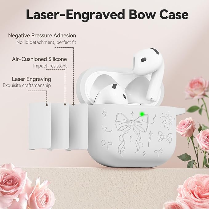 for Airpods 4 Case Cover, Joremx Cute Bow Engraved Silicone Protective Case Cover with Keychain, Cleaner Kit for AirPods 4th Generation Case 2024 (White)