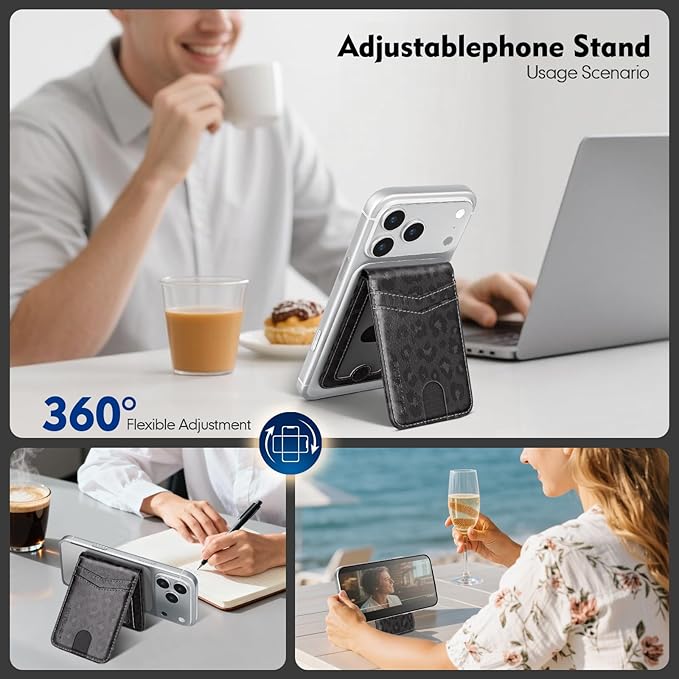 Compatible with Magsafe Case with Card Holder for Men Women Magnetic Ultra-Thin Wallet Bracket Adjustable Bracket for iPhone 17/16/15/14/13/12 Pro/Pro Max/PlusSeries,Leopard-Black