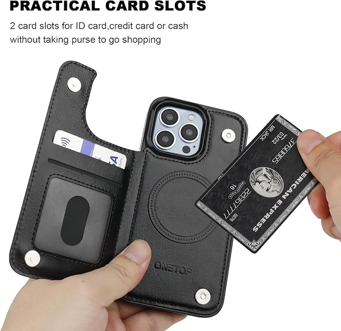 ONETOP Compatible with Magsafe for iPhone 13 Pro Wallet Case with Card Holder, PU Leather Kickstand RFID Blocking Case, Double Magnetic Clasp and Durable Shockproof Cover 6.1 Inch (Black)