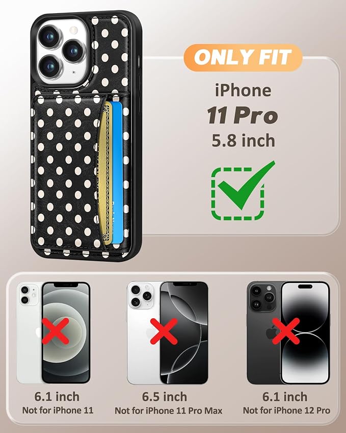 for iPhone 11 Pro Case with Wallet - Fits 4 Card Slots, Compatible with MagSafe for Women Aesthetic Durable PU Leather Credit Card Holder Kickstand Phone Cover for Apple 11 Pro, Black Polka