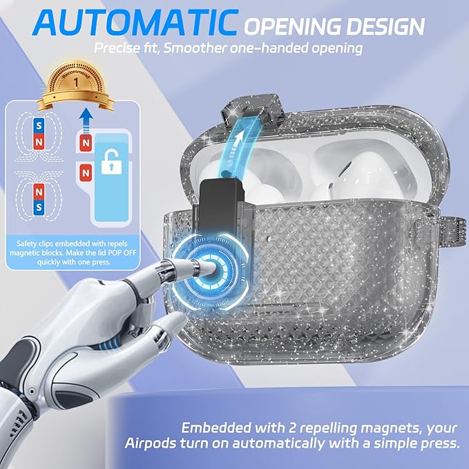 for AirPods Pro 2 Case with Phone Stand & Secure Lock, Auto-Open Clear Cover Compatible with Apple AirPods Pro 2nd/1st Gen (2023,2022,2019) with Cleaning Kit & Keychain (Shine-Clear Black)