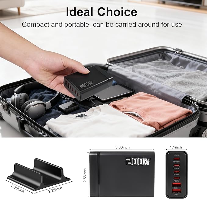 200W USB C Charger, GaN Ⅲ PD 100W 6-Port Charging Station for Multiple Devices, Portable Laptop Fast Charging, Adapter for iPad iPhone 17 16 15 14 13 12, MacBook Pro Galaxy, 5ft Cord