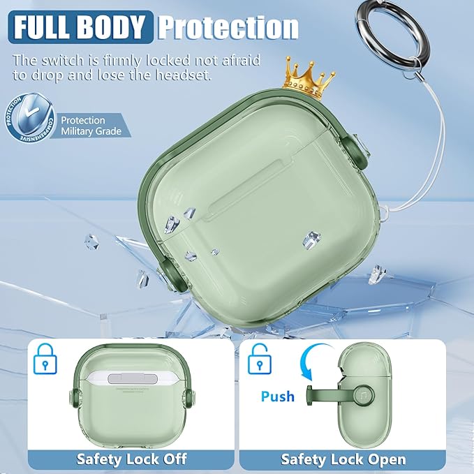 Safety Lock for Airpods 4 Case,TPU Clear Case for Apple Airpods 4 Case 2024 USB-C with Cleaner Kit, Drop Protection Airpods 4 Case Cover for Men for Women with Lock and Keychain, Clear Green