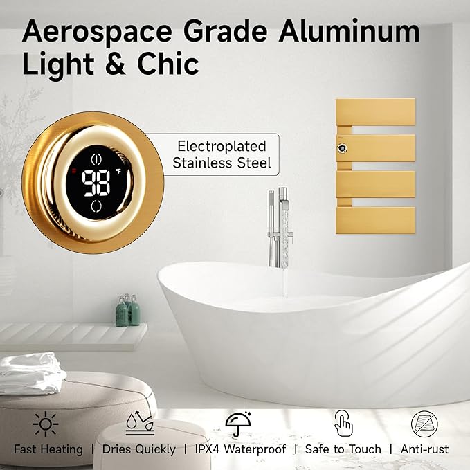 P&Bhusri Electric Heated Towel Rack, Gold Towel Warmer with Adjustable Temperature (98–149°F) and Timer (1-24h, On), Fast Heating and Drying for Bathroom, Memory & Remote Control Compatible