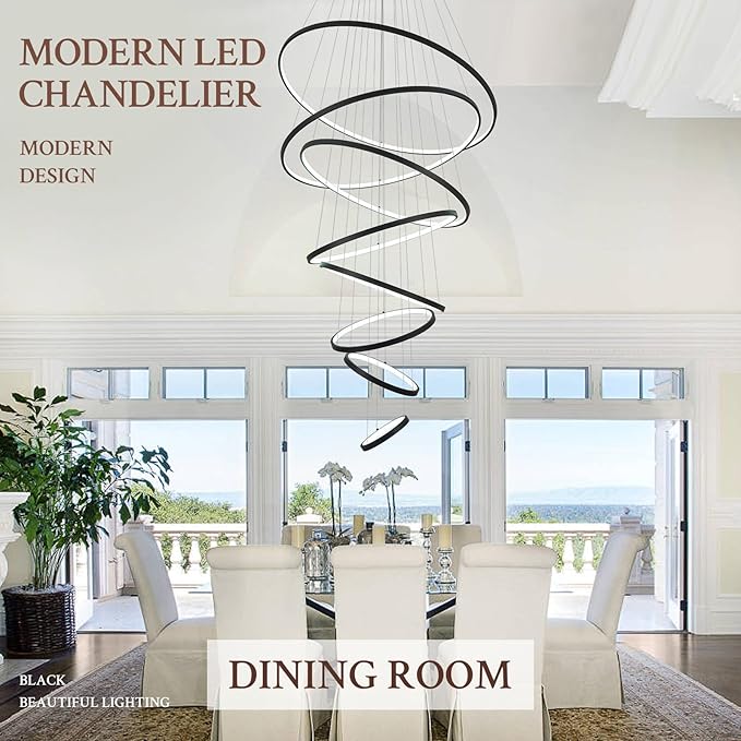 Modern LED Chandelier 8 Rings Dimmable Black High Ceiling Chandelier Foyer, Large LED Contemporary Pendant Lighting for Staircase Entryway Living Room, D35’’ 3000K-6500K