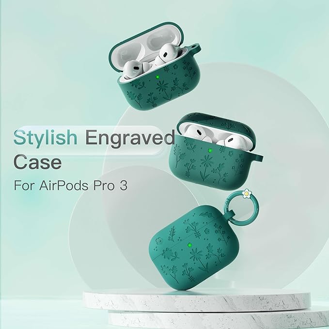 for AirPods Pro 3 Case (2025) DamonLight Floral Engraved Shockproof Protective Soft Silicone Case Cover with Cleaning Pen and Floral Keychain for Apple Airpods Pro 3rd Generation (Forest Green)