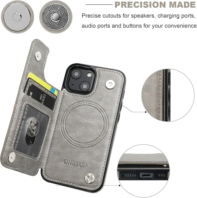 ONETOP Compatible with Magsafe for iPhone 13 Mini Wallet Case with Card Holder, PU Leather Kickstand RFID Blocking Case, Double Magnetic Clasp and Durable Shockproof Cover 5.4 Inch (Grey)