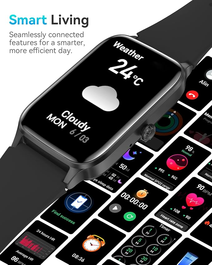 Fitness Tracker for Women Men, Activity Smart Watch Compatible with Android iPhone, Step Counter with 110+ Sports, Sleep Monitor, Calorie Counter, IP68 Waterproof (Black, 1.57)