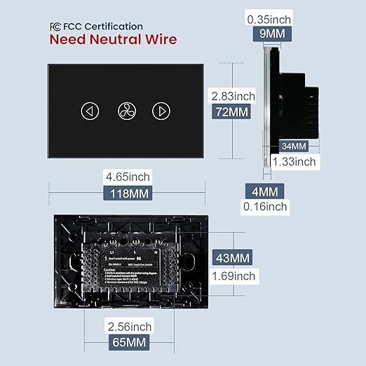 Smart Fan Switch Neutral Wire Required, 2.4GHz WiFi Dimmer Light Switch with Remote Voice Control, Tempered Glass Panel, Compatible with Alexa and Google Home, Black WiFi Fan