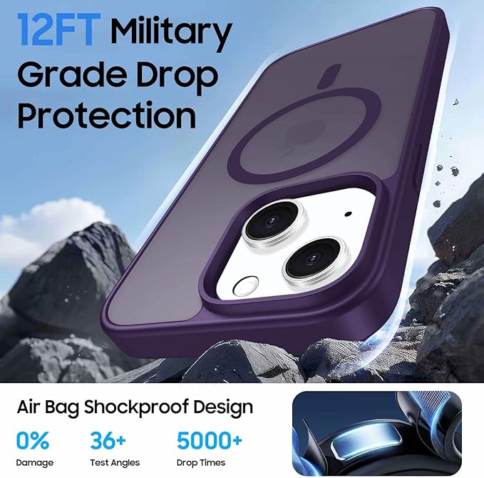 Magnetic for iPhone 14 Case & iPhone 13 Case with Card Holder, Compatible with MagSafe, Slim Shockproof Phone Cover with Detachable Wallet, Built-in Magnet Ring, Purple