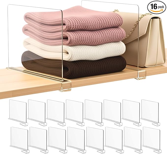 Shelf Dividers Purse Organizer for Closet: 16-Pack Acrylic Bag Storage Organizer for Handbags, Clutches, Clothes, Sweater, Towel on Wood Shelves