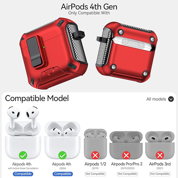 for AirPods 4 Case (2024) with Phone Stand,（with Automatic Snap Switch） Carbon Fiber Design Protection Cover with Cleaning Pen,Red