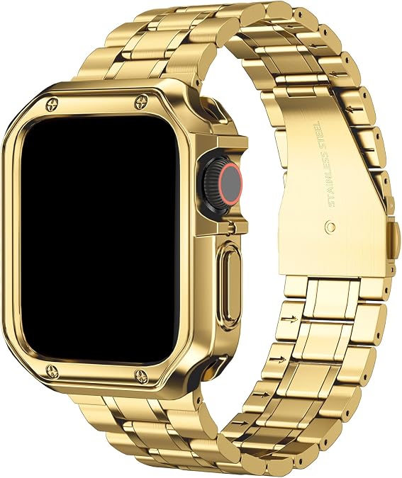 Compatible with Apple Watch Band and Case, Stainless Steel Metal Chain with TPU Cover, Smart-Watch Link Bracelet Strap, Wrist-Band for i-Watch Ultra Ultra2 Series 9 8 7 6 5 4 3 2 1 SE