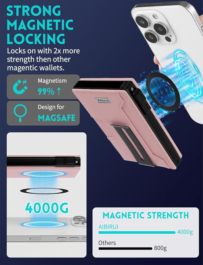 Wallet for men,Magsafe Wallet with Money Clip,Ridge Wallets for Men | Magnetic wallet for iPhone 17/16/15/14/13/12 Series,Card Holder(8 Cards & Bills), Aluminum & Microfiber Leather,Pink