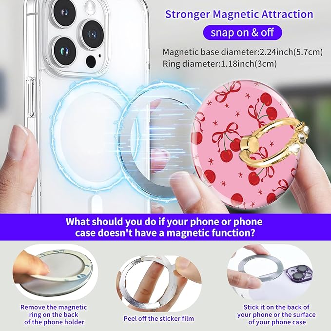 Magnetic Phone Ring Holder Compatible with MagSafe, Cute Phone Grip Stand with 360° Rotation Gold Glitter Finger Ring Kickstand Accessories for Most Phones Cute Bowtie Cherry