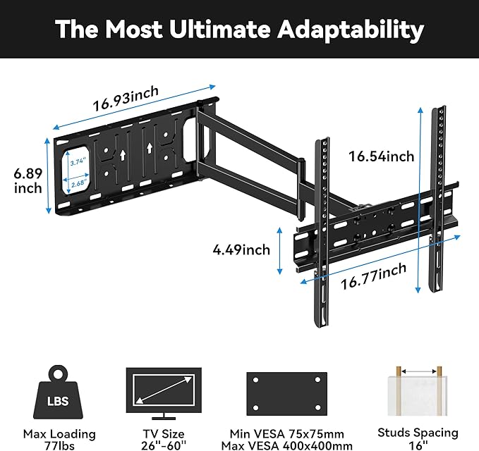 FORGING MOUNT Long Arm TV Wall Mount for Most 26-60 Inch Flat Curved TVs, 25.6inch Full Motion Extension Articulating Arms, Swivel, Tilt TV Bracket Corner Mount Fits Max VESA 400x400mm up to 77lbs