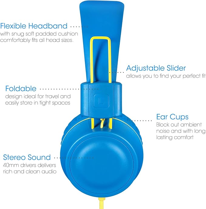 Kids Headphones-Noot Products K33 Foldable Stereo Tangle-Free 5ft Long cord 3.5mm Jack Plug in Wired On-Ear Headset for Children/Teens/Boys/Girls/ipad/School/Kindle/Travel/Plane/Tablet (Electric Blue)