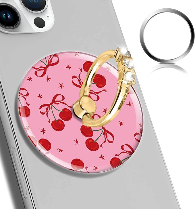 Magnetic Phone Ring Holder Compatible with MagSafe, Cute Phone Grip Stand with 360° Rotation Gold Glitter Finger Ring Kickstand Accessories for Most Phones Cute Bowtie Cherry