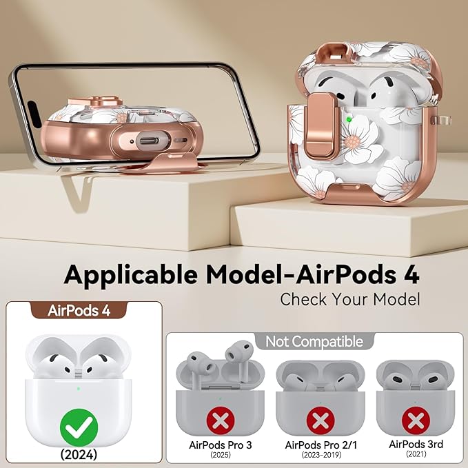 for AirPods 4 Case, with Safty Lock & Phone Stand for Floral AirPods 4th Generation Case Cover for Women Girly, iPod 4 Case with Keychain & Cleaner Kit -White Lily